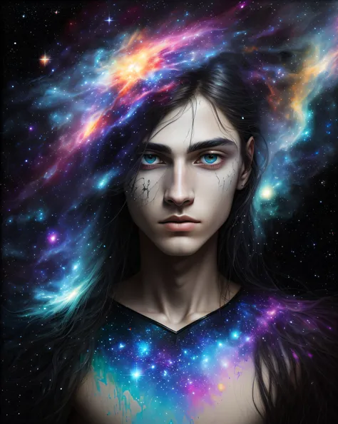 Abstract mixed-media artwork of a strange young man with striking eyes and long hair, highly detailed eyes, delicate features, and thin body, (fine art), (splashes and splashes of paint in nebula colors on canvas 1.2), [thick, moist, shiny dripping paint],...