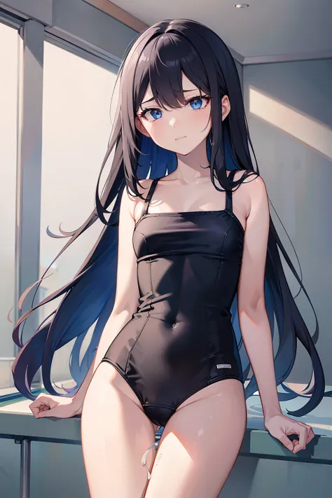 tmasterpiece，best qualtiy，tmasterpiece，best qualtiy，offcial art，the Extremely Detailed CG Unity 8K Wallpapers，traditional_Mediums，Kizi，，black hair band，long whitr hair，whaite hair，eBlue eyes，Small breasts，School swim wear，Expressionless，swimmingpool,low-ti...