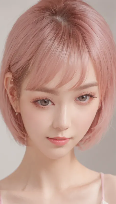 upper body, Rebecca, Eye shape Large round eyes (with a gentle and innocent expression), Hair mode Shoulder length pink hair (with bangs framing her face), Hair color Pink, Skin tone Fair, Nose shape Small and slightly upturned, Mouth shape Usually shown (...