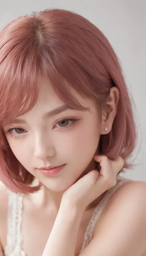 upper body, Rebecca, Eye shape Large round eyes (with a gentle and innocent expression), Hair mode Shoulder length pink hair (with bangs framing her face), Hair color Pink, Skin tone Fair, Nose shape Small and slightly upturned, Mouth shape Usually shown (...