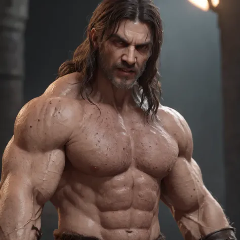 (professional 3d render:1.3) af (Realistic:1.3) most beautiful artwork photo in the world，Features soft and shiny male heroes, ((Epic hero fantasy muscle man rough wet hero angry look long hair short beard and ferocious expression in dynamic pose, Fantasti...