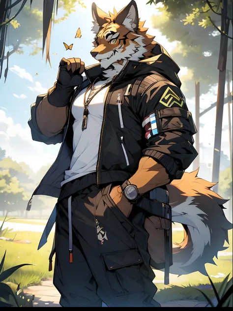 Masterpiece, Best quality, Perfect anatomy, author：K0bit0wani, author：Milk Tiger 1145, (author：Dekkers:0.3), Furry, coyote, Solo, Male, baggy clothes, Open clothes, Eau, Abs, holding book, Detailed background, music sheets, Leaning back, Butterfly, Grass，S...