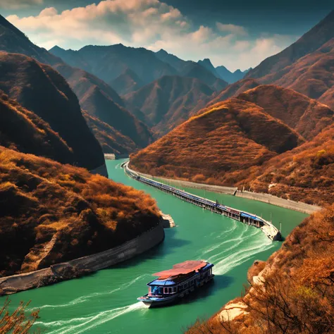 There is a river in the middle of the extremely high mountains of the Yangtze River in China, When the boat is moving forward in the river. The scenery is very beautiful, 64K HD images