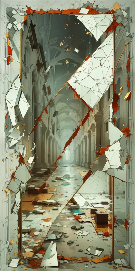 Broken mirror，mirrored image，figure，Red and white，Artistic sense，conflict，disrupt，A picture of debris，Large and small fragments，separate