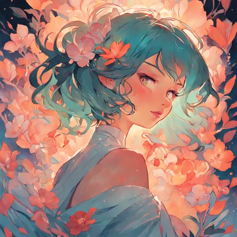 pintura de uma mulher com uma flor em seu cabelo, uma pintura digital inspirada em Lois van Baarle, trending on ArtStation, Arte Digital, Lois van Baarle e Rossdraw, stunning digital illustration, RossDraw pastel vibrante, rossdraw desenho animado vibrante...