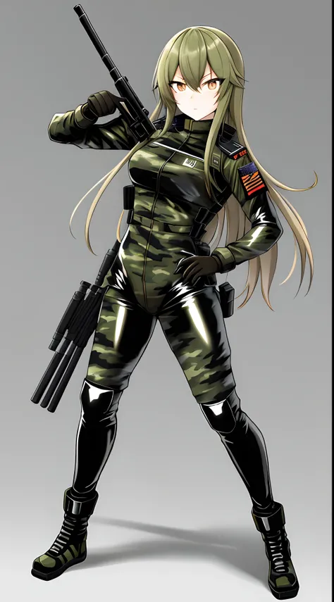 Full body Anime female sniper soldier with an intense gaze, clad in a futuristic camouflaged latex military bodysuit, holding a sharp knife and wearing a protective mask.