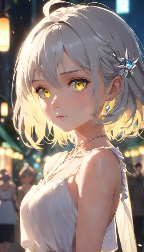 Lime yellow, Platinum Earrings, Platinum Necklace, White Dress, 1girl in, Cute, (Dynamic lighting:1.2), Cinematic lighting, Delicate facial features, Detailed eyes, Sharp pupils, Realistic pupils, depth of fields, Bokeh, Sharp Focus, (ultra-detailliert, bl...