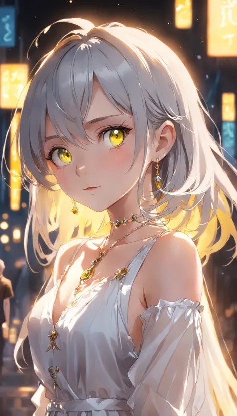 Lime yellow, Platinum Earrings, Platinum Necklace, White Dress, 1girl in, Cute, (Dynamic lighting:1.2), Cinematic lighting, Delicate facial features, Detailed eyes, Sharp pupils, Realistic pupils, depth of fields, Bokeh, Sharp Focus, (ultra-detailliert, bl...