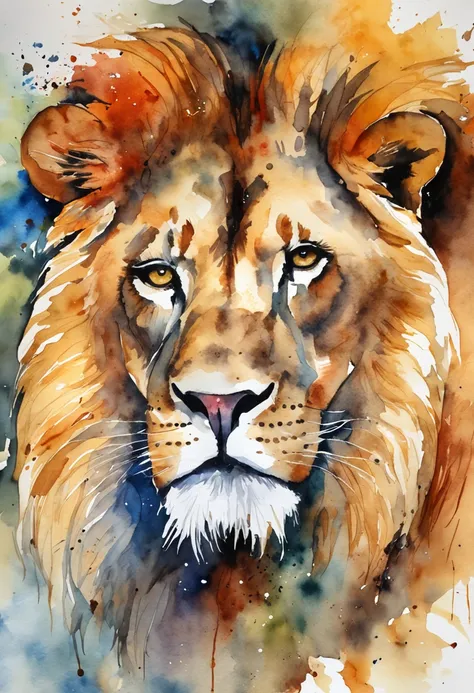 Imposing lion, rei da selva, aquarela, fios dourados, cores escuras