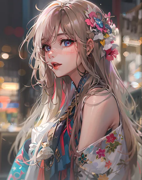 {{Masterpiece}}，Best quality at best，Very detailed CG unity 8K wallpaper，one-girl，电影灯光，lens flare glow，beatiful detailed eyes，Close-up，facial closeups，eye closeup，black in color，side looking，multicolour hair，Colorful light，particulate，（a color：1.5），（The co...