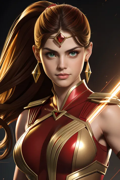 Sexy alexandra daddario as a beautiful female superheroine , green eyes brown hair, ponytail, red crop shirt, with a golden Star, wears a golden tiara on forehead with a red gem in her head , golden bracelets, long red boots, and small red shorts portrait ...