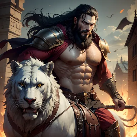 Castlevania Lord of the shadows bald beard handsome muscular full moroccan Armor riding great Legendary roaring lion