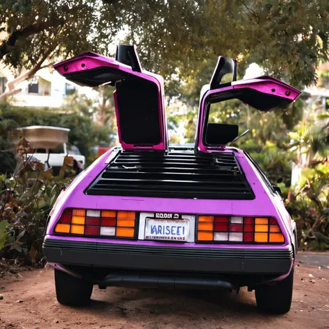 A Delorean back to the future retro sci-fi car parked in the California neighborhood, no estilo hustlewave, 1980s, Post-Internet aesthetics, Onda de recife, Wet core, Transvanguardista, infantil