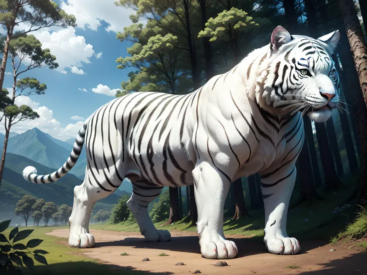 Between ancient mountains and forests，A cute white tiger appeared under the blue sky and white clouds，It is surrounded by a forest full of greenery