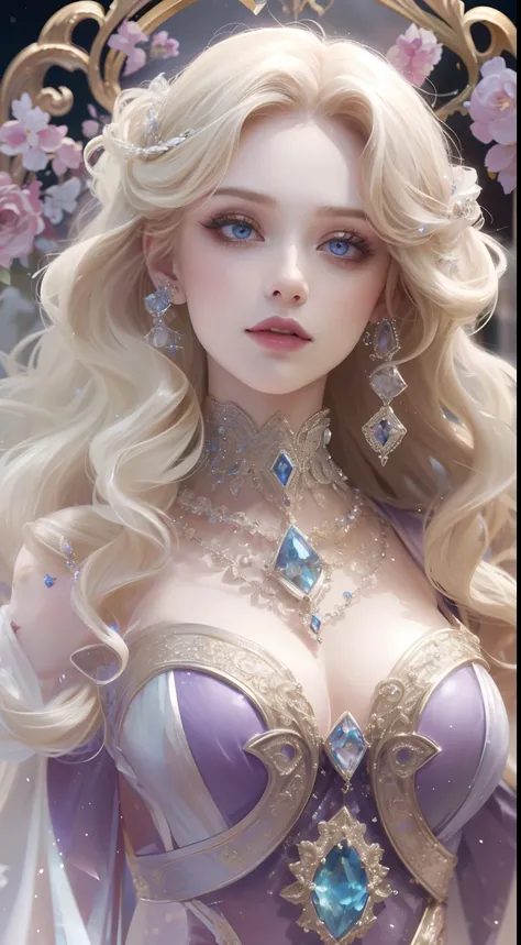 tmasterpiece，Highest high resolution，Dynamic bust of beautiful aristocratic maiden，Blonde hair elegantly coiled，Purple clear eyes，The hair is covered with beautiful and delicate floral craftsmanship, Crystal jewelry filigree，Ultra-detailed details，upscaled...