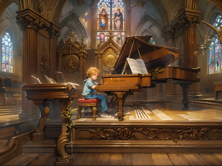 (absurdres, highres, ultra detailed, HDR), masterpiece, best quality, legend of mana character inside the church playing the piano, 1 boy