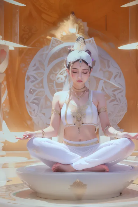 Tantric  beauty in white transparent yoga suit doing lotus sitting position on a lotus pedestal