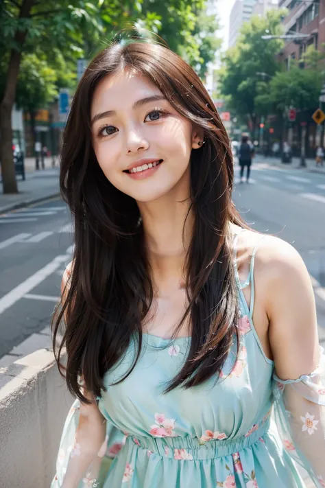 Soft and fresh：An urban beauty wears a light floral pattern dress，Gently flowing and plump long hair sways with the breeze。Her face is pure and bright，The smile reveals a playful and gentle atmosphere。