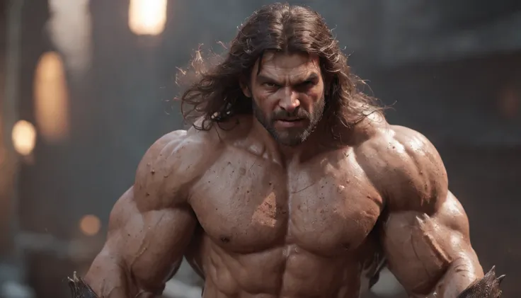 (professional 3d render:1.3) af (Realistic:1.3) most beautiful artwork photo in the world，Features soft and shiny male heroes, ((Epic hero fantasy muscle man rough wet hero angry look long hair short beard and ferocious expression in dynamic pose, Fantasti...