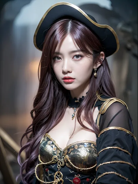 (top-quality、hight resolution、​masterpiece:1.3)、Creates a female work that combines a dark and crazy world view centered on black with intense fantasy elements in high quality。(Pirate Captain, Pirate Costume, Pirate Hat, in cave)Shes dressed as a pirate。It...