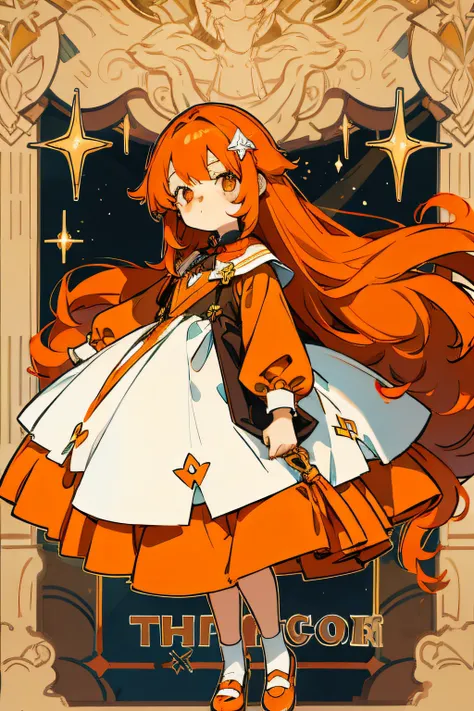 Long-haired little loli，He has long brownish-orange hair，This is a six-year-old girl，Wear a magic dress