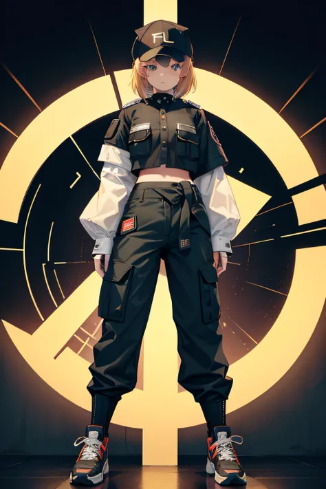 tech wear, girl, 2023, full body shot, fabric of the universe, (((cargo pants, waist level shot))), detailed eyes, detailed face, cap, (((((full shirt))))))