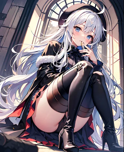 tmasterpiece， Best quality at best， ahoge， Hair over the shoulder， long  white hair，  blush of nose，  bucket-hat， cloaks， Gothic_Lolita， beret， hand_To_Mouth，thigh boots，Absolute realm，upper legs，thigh boots，full bodyesbian，Correct legs