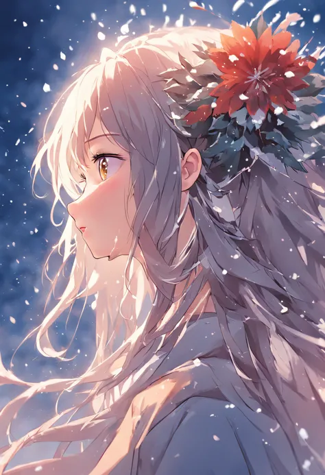 Anime girl with flowers in her hair looking at snow, anime girl profile, a beautiful anime portrait, Guviz-style artwork, Guviz, Stunning anime face portrait, Beautiful anime face, anime girl portrait profile, detailed portrait of an anime girl, Beautiful ...