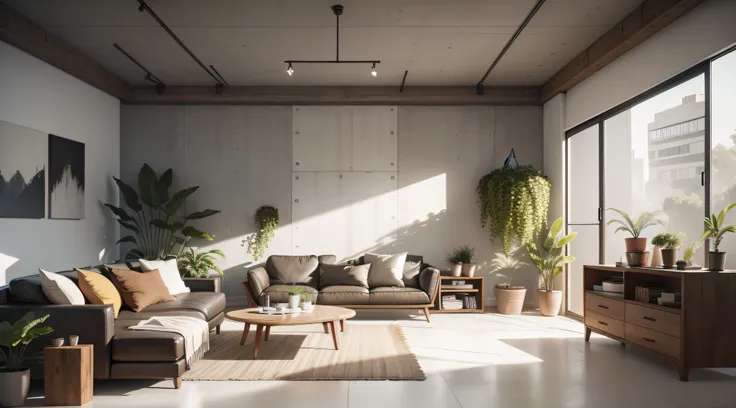 Develop an image showcasing a living room design that incorporates natural elements like indoor plants and warm wood accents, set against an empty concrete wall to add an urban touch to the space.