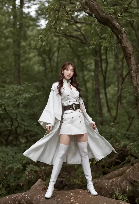 Nature Guardian Typhoon Lady. Tae-yeon wearing a typhoon symbol uniform，White cloak, Long white gloves on his hands, Wear white knee-length boots on her feet, Stand in the middle of a typhoon and release energy to photograph your whole body