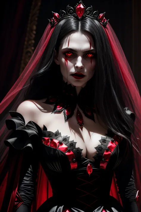 (Sharp focus:1.1) photo of a vampire queen,((His mouth was covered in blood)), Blood drop, Blood-soaked hair, ruby tiara, laced dress, Cleavage is seductive, Yellow eyes, dark shadow, Intensity, frenzied, 8k, high qulity, intricately details, closeup cleav...