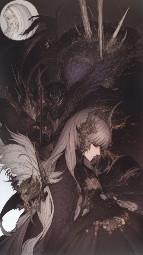 (((Black Knight)))、White background、、line-drawing、pale color、、Fantastical、coarser line、Painterly、Lively poses、Crows feathers、Delicate touch、fine lines、white of the eye、Clenching teeth、wriggling the body、fullface、black horns、Black Armor、silhuette、Black and ...