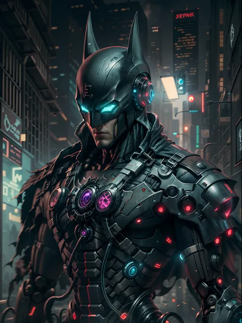 Dark_Fantasy,Cyberpunk,1man, half body,Mechanical marvel,Robotic presence,Cybernetic guardian,batman