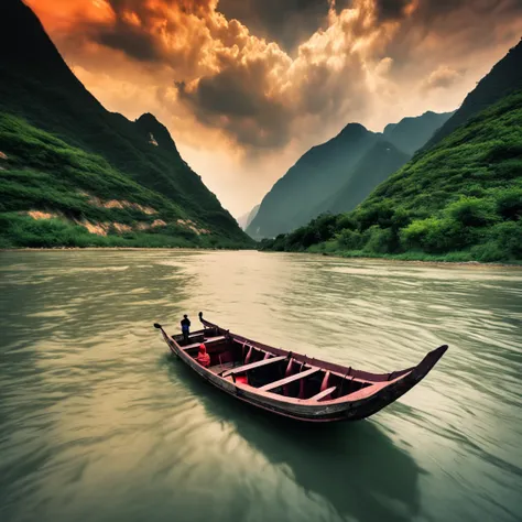 There is a river in the middle of the extremely high mountains of the Yangtze River in China, When the boat moves forward in the river. The scenery is very beautiful, 64K HD images