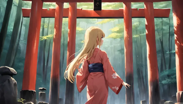 Blonde kimono torii shrine hanakui long straight hair