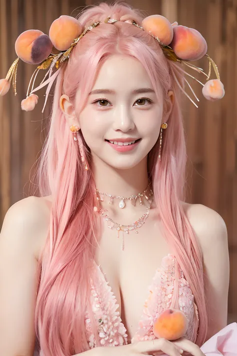 (extra detailed body、extra detailed face、best qualtiy:1.2)、femele、looking at the viewers、(Pink hair color、15yo student、Outstanding smile、Piercing of bird feathers up to the shoulder、a necklace、Floral hair ornament)、(A lot of peaches in the background:1.4)