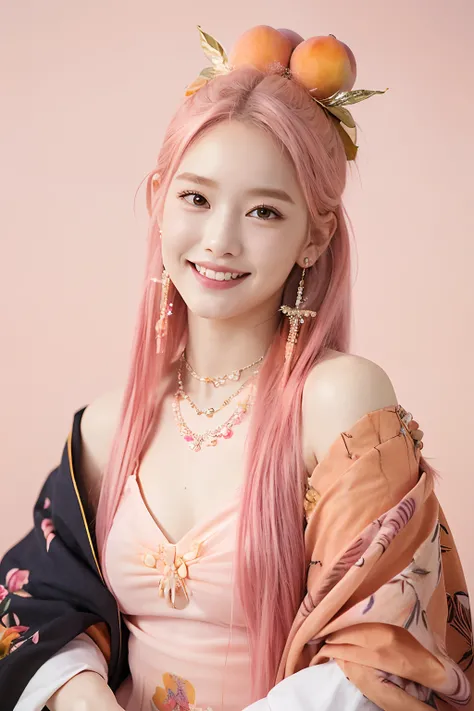 (extra detailed body、extra detailed face、best qualtiy:1.2)、femele、looking at the viewers、(Pink hair color、15yo student、Outstanding smile、Piercing of bird feathers up to the shoulder、a necklace、Floral hair ornament)、(A lot of peaches in the background:1.4)