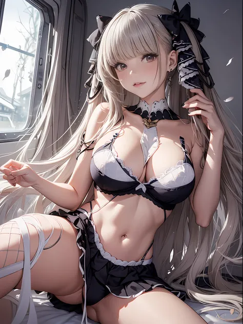 （Enrich the picture，Masterpiece level quality）Beautiful 8K CG artwork，Goddess-like posture，Sitting in the cabin of an airplane，Postural exercises，Slim and soft，Translucent skin，Silver hair、The beauty of extra-long hair, Super Long Straight Hair，The skin is...