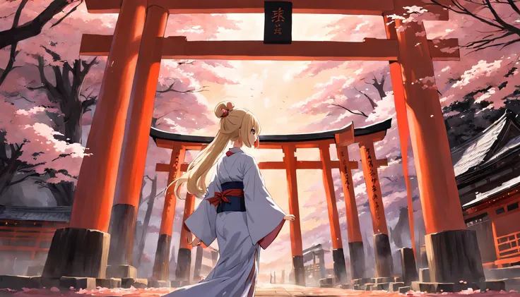 Blonde kimono torii shrine hanakui long straight hair