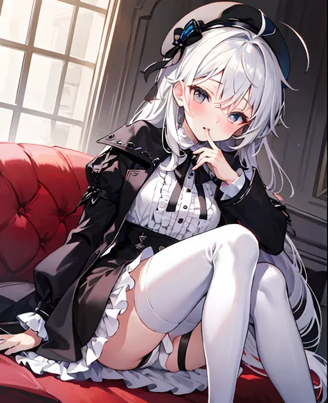 tmasterpiece， Best quality at best， ahoge， Hair over the shoulder， long  white hair，  blush of nose，  Gothic_Lolita， beret， hand_To_Mouth，thigh boots，Absolute realm，upper legs，thigh boots，full bodyesbian，Correct legs