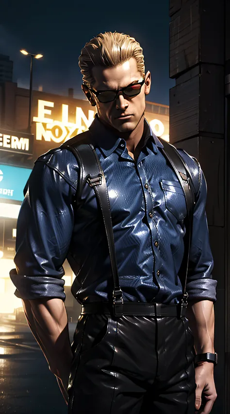 1 man, solo, Albert Wesker, lean muscle male, really tall, wearing a dark blue shirt, leather suspenders, looking casual, wearing elegant sunglasses, black trousers, straight posture, cold face, middle aged, in a labratory, night time, high quality, solo, ...