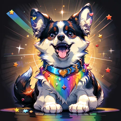 Niji Pride, solo, smile, open mouth, tail, heart, tongue, tongue out, star (symbol), collar, no humans, sparkle, fangs, looking up, dog, animal focus, sparkling eyes, fluffy