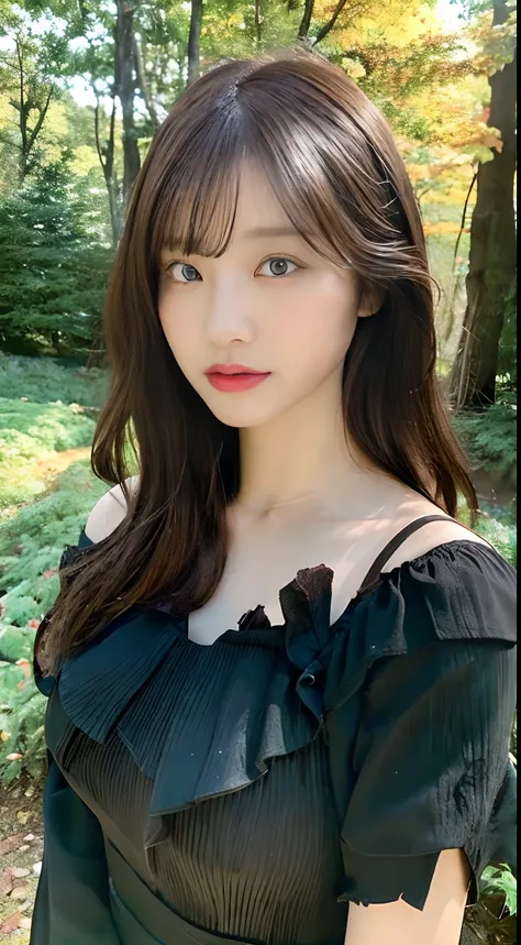 ((Best quality, 8k, Masterpiece :1.3)), Sharp focus :1.2, A pretty Japanese woman with perfect figure :1.4, Slender abs :1.2, ((Dark brown hair, Big breasts :1.2)),in autumn forest:1.2, Highly detailed face and skin texture, Detailed eyes, Double eyelid, o...