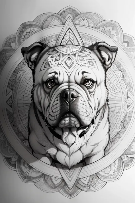 Coloring page for adults, bold lines, dark lines, mandala bulldog, mandala bulldog face, mandala face, symmetrical, white background, clean line art, thin line art , 8k