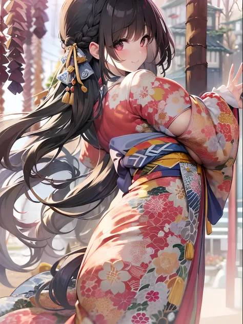 (8K、top-quality、​masterpiece)、Taisho Era、japanese kimono、Beautiful adult woman、Graceful,((Super huge　colossal　colossal　hugebreast)),Pensive、boredom、Sentimental、suffocating、Enlightened smile、long-haired with black hair、Ahoge、braid ponytail、