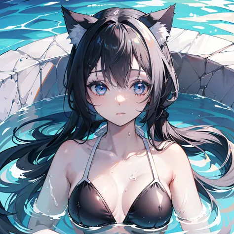 Beautiful fece, ​masterpiece, top-quality, hiqcgbody, animesque, 1girl in, Medium chest, olympic swimmer, Transparent transparent black swimsuit, portrait shot, Look at viewers, Partially submerged, Outdoor pool, (silber hair),(Feline ears),poneyTail,wette...