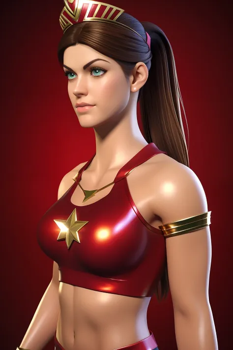 Sexy alexandra daddario as a beautiful female superheroine , green eyes brown hair, ponytail, red crop shirt, with a golden Star, wears a golden tiara on forehead with a red gem in her head , golden bracelets, long red boots, and small red shorts portrait ...