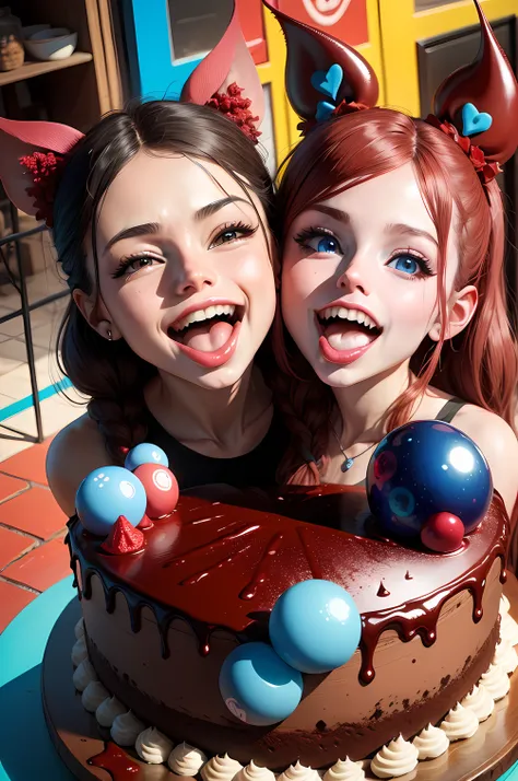 Eating a colorful red chocolate cake lying on the blue street full of colorful balls with mouth full of teeth Two mouths Three goofy ears Ultra realistic image