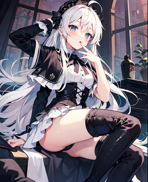 tmasterpiece， Best quality at best， ahoge， Hair over the shoulder， long  white hair，  blush of nose， eBlue eyes，  Gothic_Lolita，  hand_To_Mouth，thigh boots，Absolute realm，upper legs，thigh boots，full bodyesbian，Correct legs