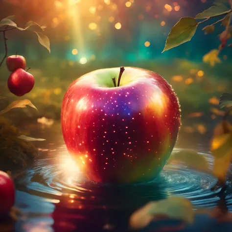 there is a red apple that is sitting in the water, fairy fruit. octane render, red apple, colorful hd picure, high quality wallpaper, amazing wallpaper, beautiful digital artwork, apple, 8k stunning artwork, high quality desktop wallpaper, high-quality wal...